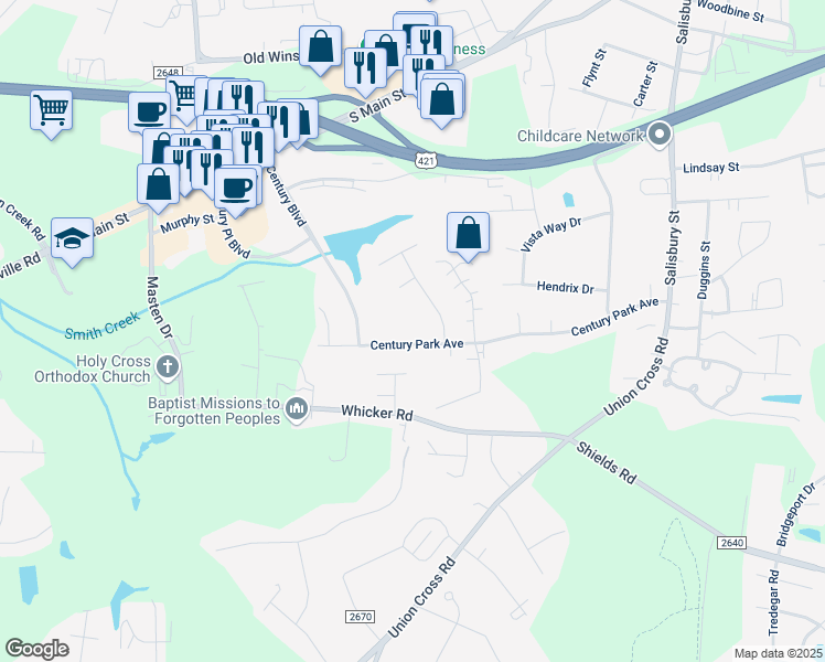 map of restaurants, bars, coffee shops, grocery stores, and more near 1210 Century Park Avenue in Kernersville