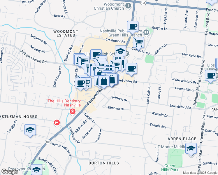 map of restaurants, bars, coffee shops, grocery stores, and more near 4004 Hillsboro Road in Nashville