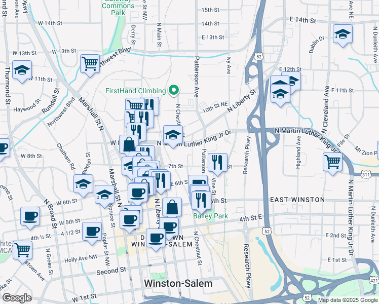 map of restaurants, bars, coffee shops, grocery stores, and more near 748 North Chestnut Street in Winston-Salem