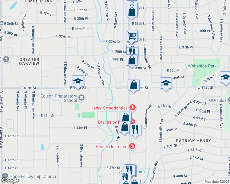 map of restaurants, bars, coffee shops, grocery stores, and more near 3150 East 41st Street in Tulsa