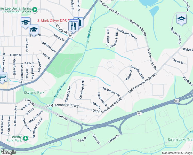 map of restaurants, bars, coffee shops, grocery stores, and more near Tanders Street Northeast in Winston-Salem