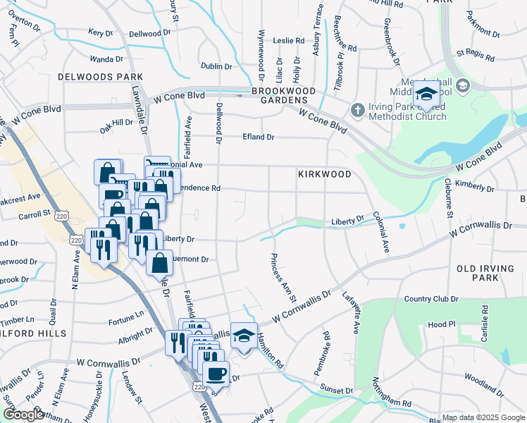 map of restaurants, bars, coffee shops, grocery stores, and more near 2407 Princess Ann Street in Greensboro