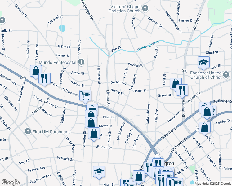 map of restaurants, bars, coffee shops, grocery stores, and more near 706 Staley Street in Burlington