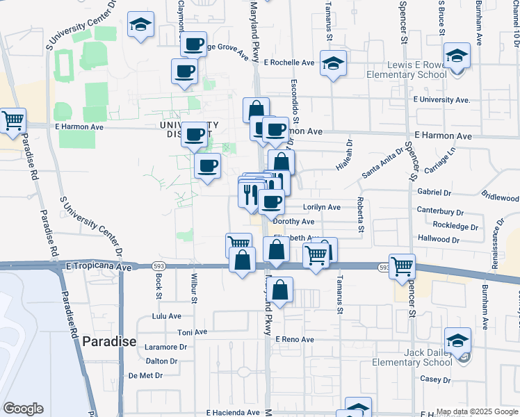 map of restaurants, bars, coffee shops, grocery stores, and more near 4725 South Maryland Parkway in Las Vegas