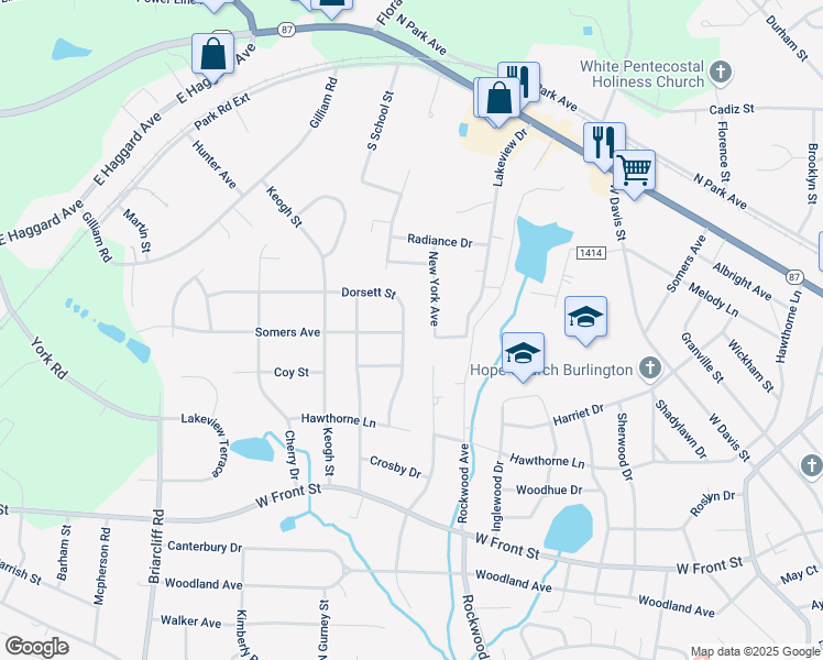 map of restaurants, bars, coffee shops, grocery stores, and more near 1817 Dorsett Street in Burlington