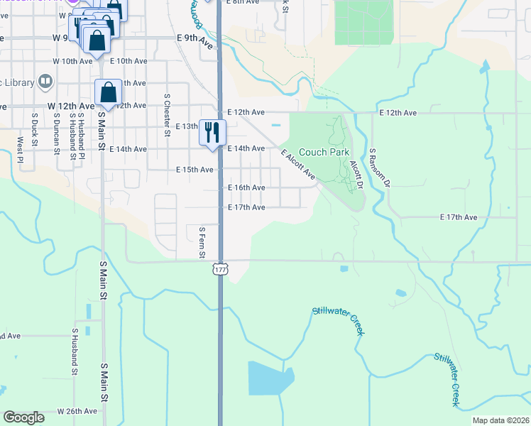 map of restaurants, bars, coffee shops, grocery stores, and more near 801 East 17th Avenue in Stillwater