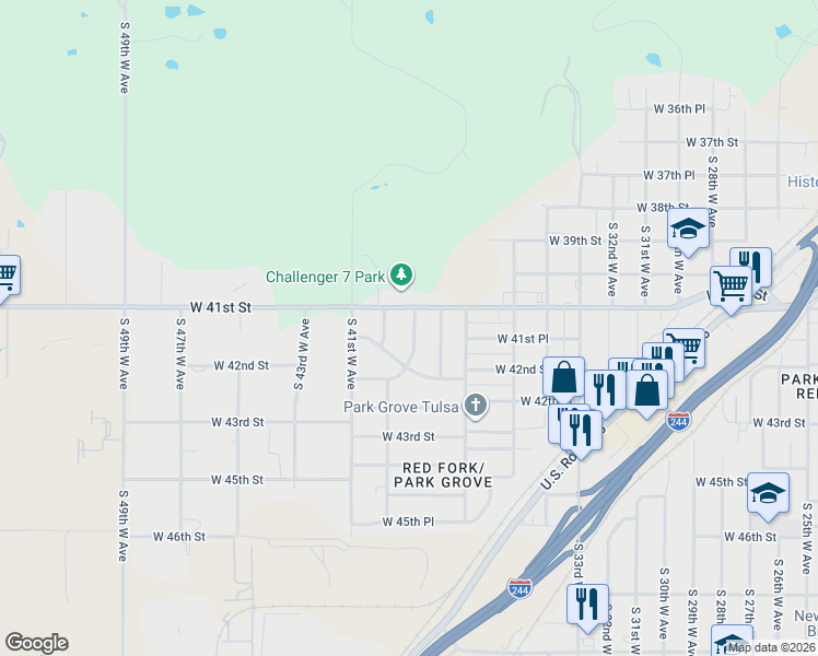 map of restaurants, bars, coffee shops, grocery stores, and more near 4124 South 39th West Avenue in Tulsa