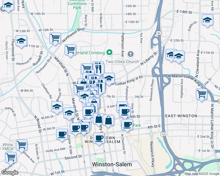 map of restaurants, bars, coffee shops, grocery stores, and more near 1380 North Martin Luther King Junior Drive in Winston-Salem