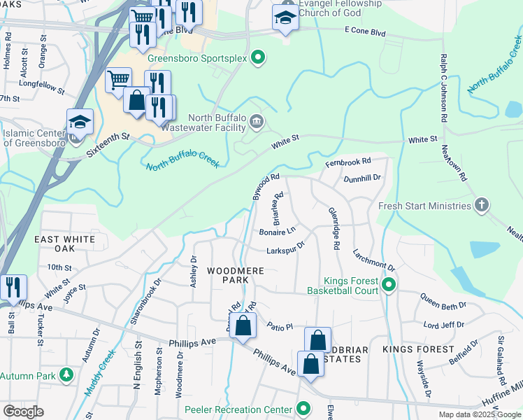 map of restaurants, bars, coffee shops, grocery stores, and more near 2208 Bywood Road in Greensboro
