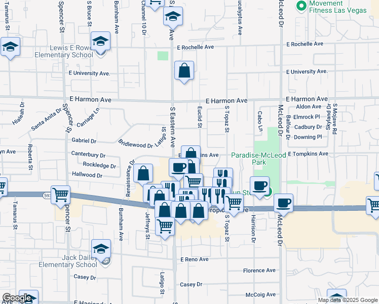map of restaurants, bars, coffee shops, grocery stores, and more near 2460 East Tompkins Avenue in Las Vegas