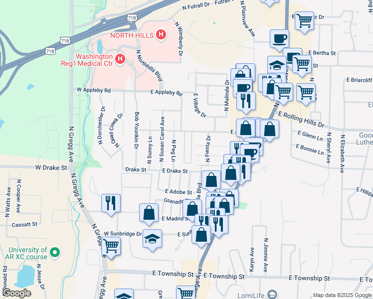 map of restaurants, bars, coffee shops, grocery stores, and more near 317 Mimosa Lane in Fayetteville