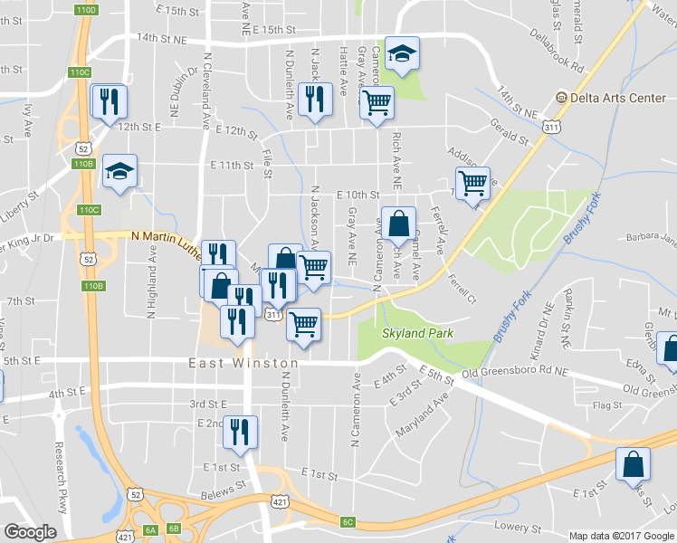 map of restaurants, bars, coffee shops, grocery stores, and more near 801 North Graham Avenue in Winston-Salem