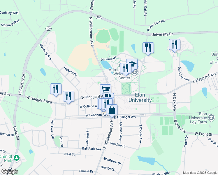 map of restaurants, bars, coffee shops, grocery stores, and more near North Williamson Avenue in Elon