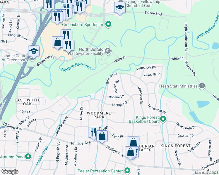 map of restaurants, bars, coffee shops, grocery stores, and more near 2208 Bywood Road in Greensboro