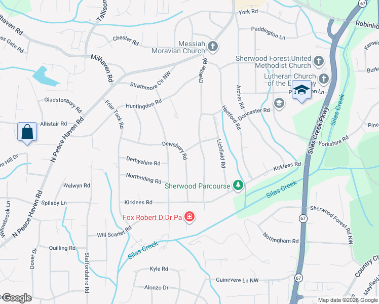 map of restaurants, bars, coffee shops, grocery stores, and more near 3614 Broadsword Road in Winston-Salem