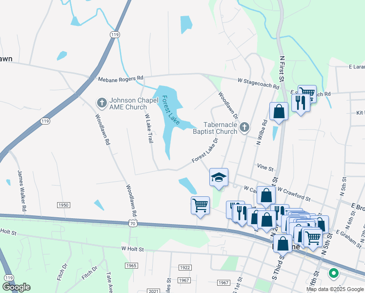 map of restaurants, bars, coffee shops, grocery stores, and more near 4672 Forest Lake Drive in Mebane