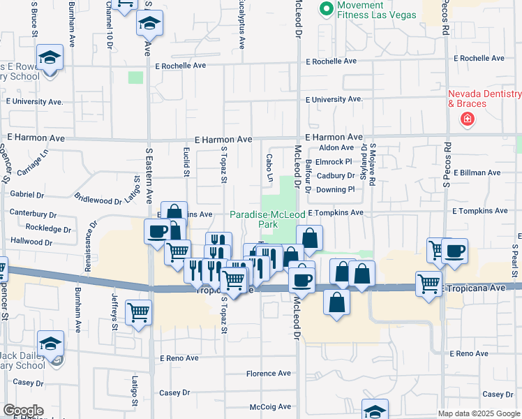 map of restaurants, bars, coffee shops, grocery stores, and more near 4700-4738 Harrison Drive in Las Vegas