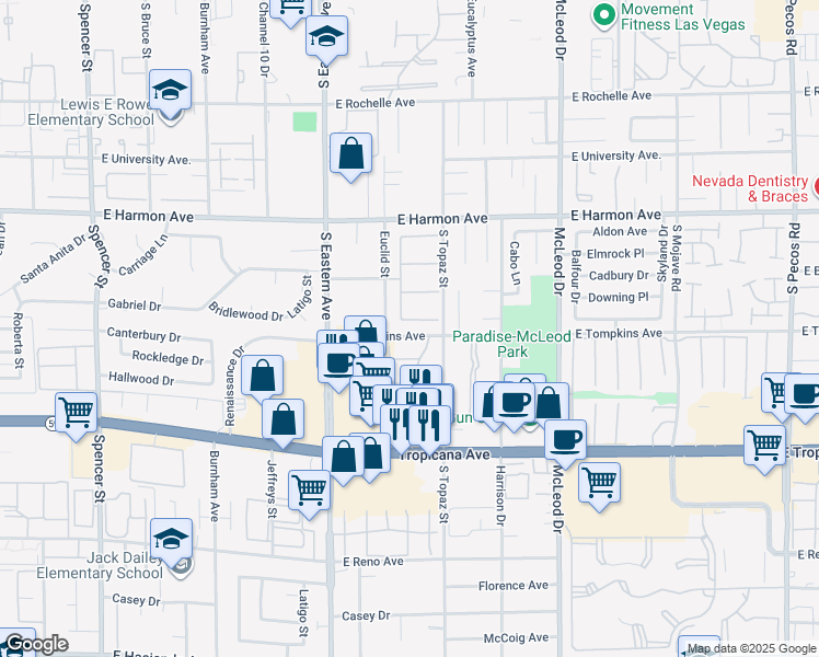 map of restaurants, bars, coffee shops, grocery stores, and more near 2521 La Fortuna Avenue in Las Vegas