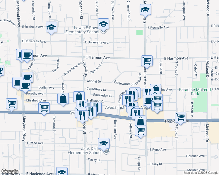 map of restaurants, bars, coffee shops, grocery stores, and more near 1965 Canterbury Drive in Las Vegas