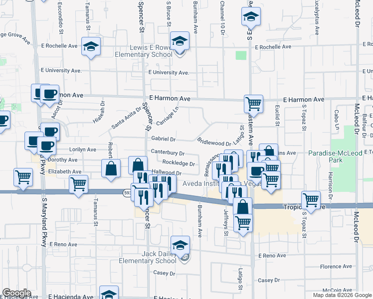 map of restaurants, bars, coffee shops, grocery stores, and more near 1965 Canterbury Drive in Las Vegas