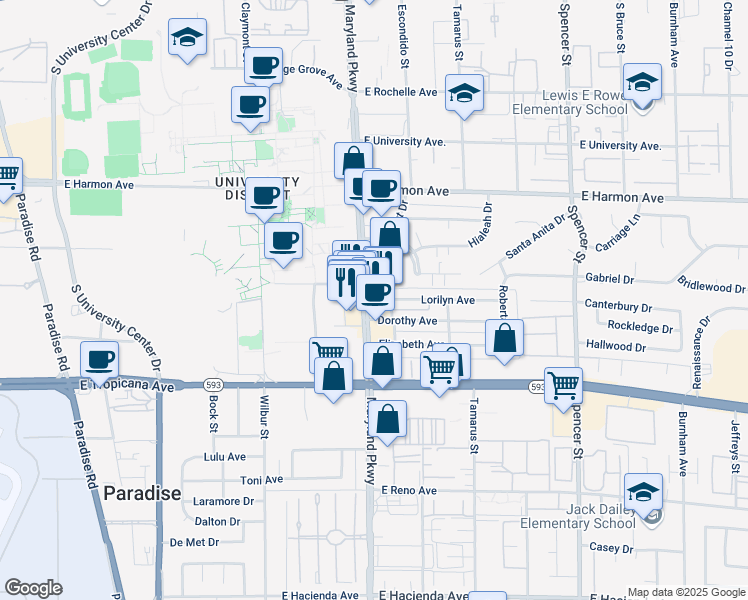 map of restaurants, bars, coffee shops, grocery stores, and more near 4725 South Maryland Parkway in Las Vegas