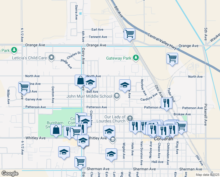 map of restaurants, bars, coffee shops, grocery stores, and more near 1601-1649 Bell Avenue in Corcoran