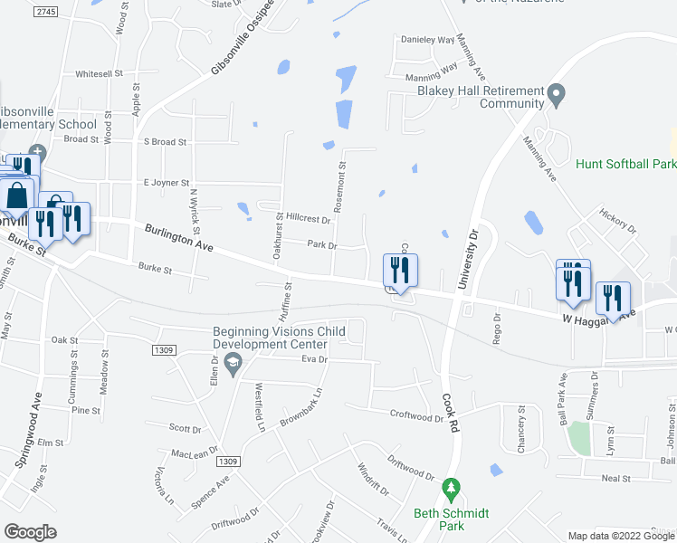 map of restaurants, bars, coffee shops, grocery stores, and more near 910 Burlington Avenue in Gibsonville