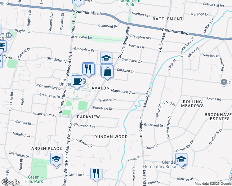 map of restaurants, bars, coffee shops, grocery stores, and more near 1112B Belvidere Drive in Nashville