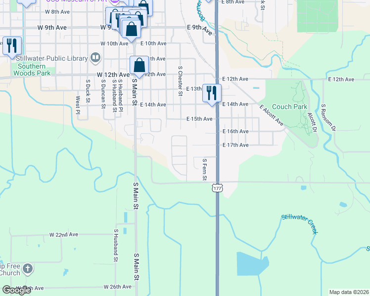 map of restaurants, bars, coffee shops, grocery stores, and more near 410 East 17th Avenue in Stillwater