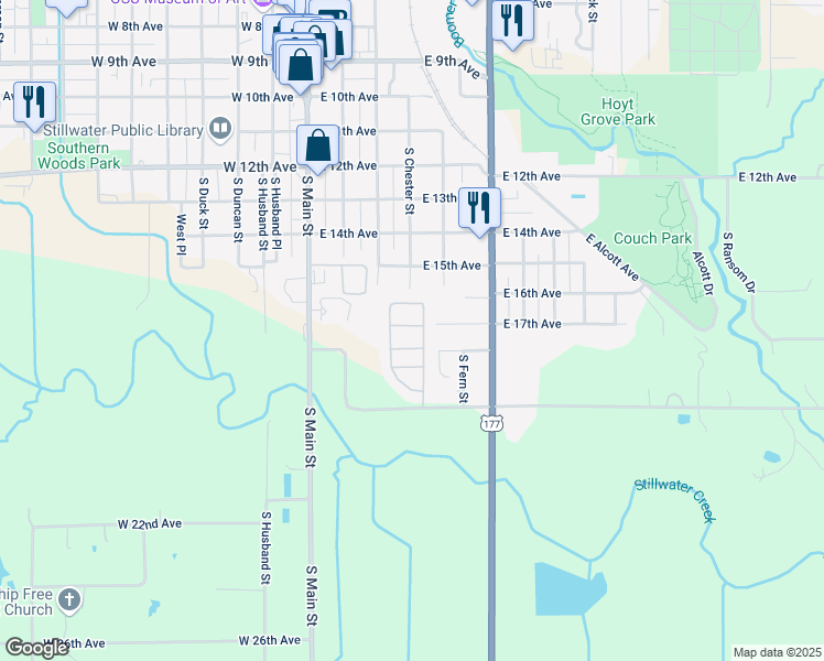 map of restaurants, bars, coffee shops, grocery stores, and more near 410 East 17th Avenue in Stillwater