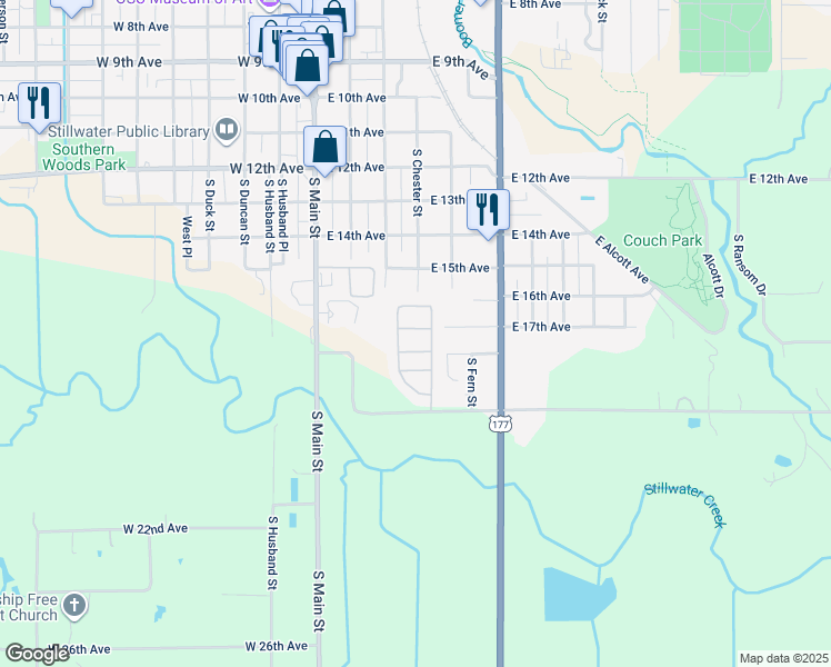 map of restaurants, bars, coffee shops, grocery stores, and more near 410 East 17th Avenue in Stillwater
