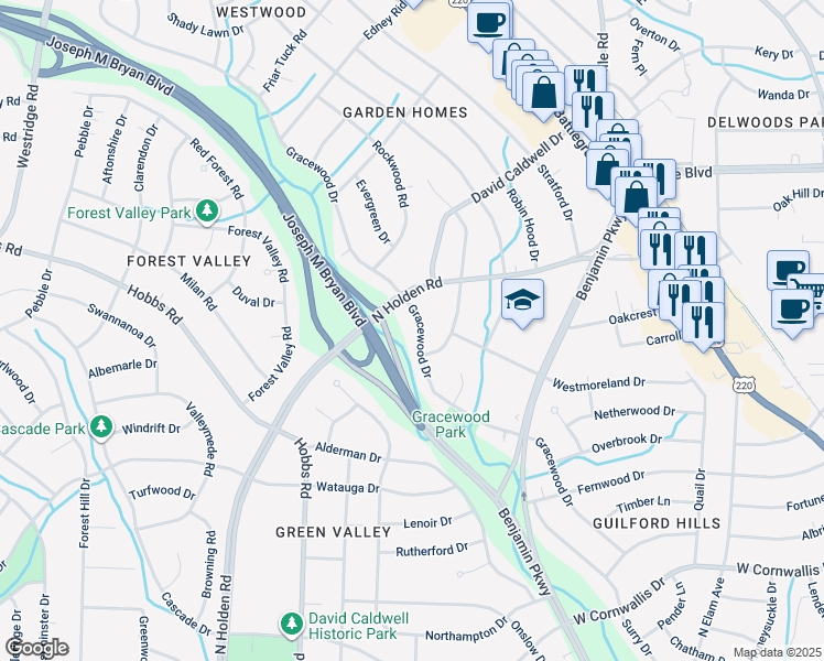 map of restaurants, bars, coffee shops, grocery stores, and more near 1707 Gracewood Drive in Greensboro