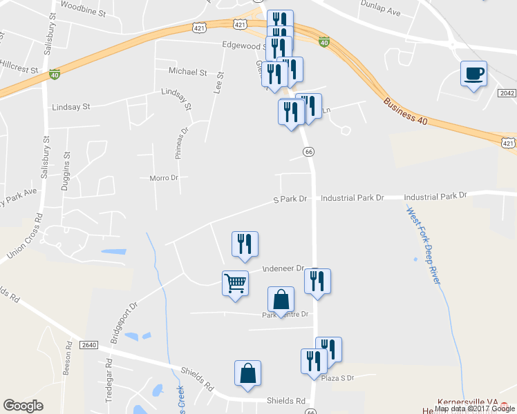 map of restaurants, bars, coffee shops, grocery stores, and more near 1386 South Park Drive in Kernersville