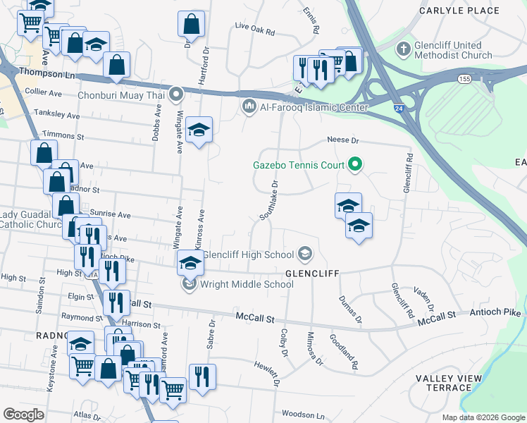 map of restaurants, bars, coffee shops, grocery stores, and more near 3211 Southlake Drive in Nashville