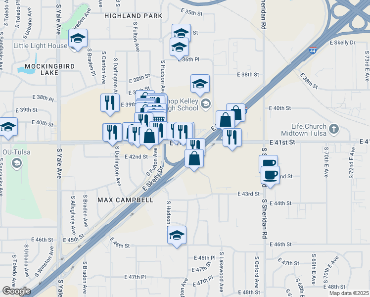 map of restaurants, bars, coffee shops, grocery stores, and more near 5730 East 41st Street in Tulsa