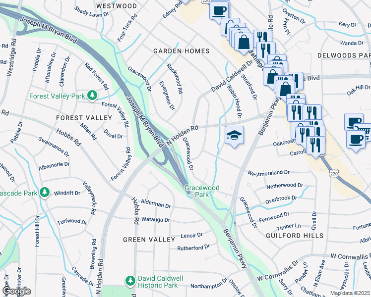 map of restaurants, bars, coffee shops, grocery stores, and more near 1707 Gracewood Drive in Greensboro