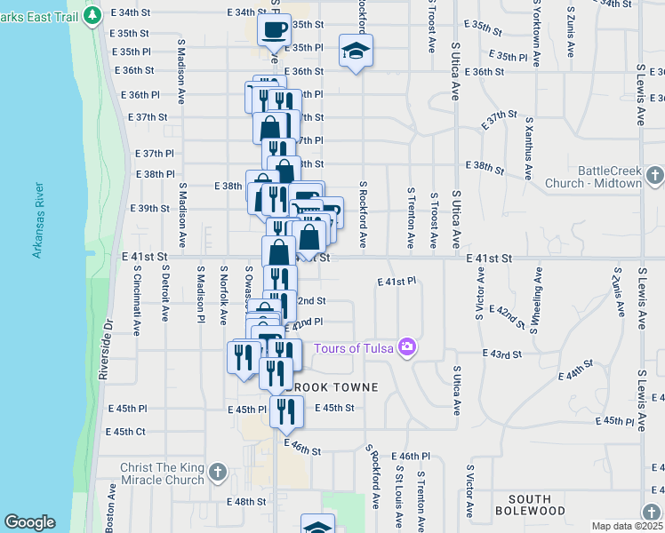 map of restaurants, bars, coffee shops, grocery stores, and more near in Tulsa