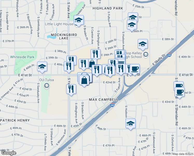 map of restaurants, bars, coffee shops, grocery stores, and more near 4994 East 41st Street in Tulsa