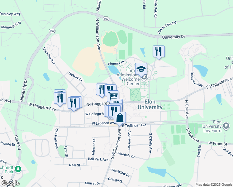map of restaurants, bars, coffee shops, grocery stores, and more near North Williamson Avenue in Elon