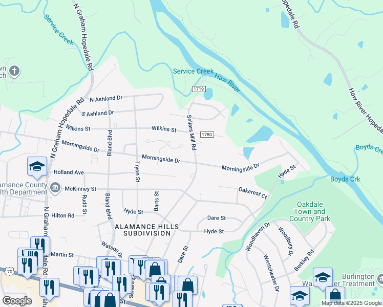map of restaurants, bars, coffee shops, grocery stores, and more near 700-704 N Sellars Mill Rd in Burlington