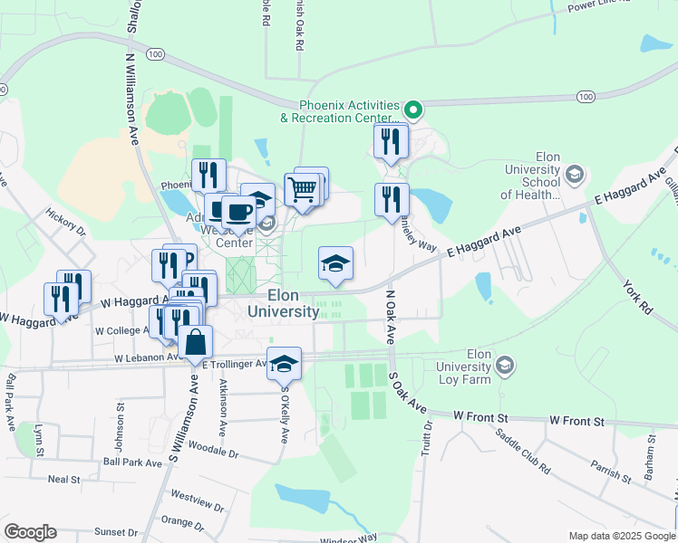 map of restaurants, bars, coffee shops, grocery stores, and more near 474 East Haggard Avenue in Elon