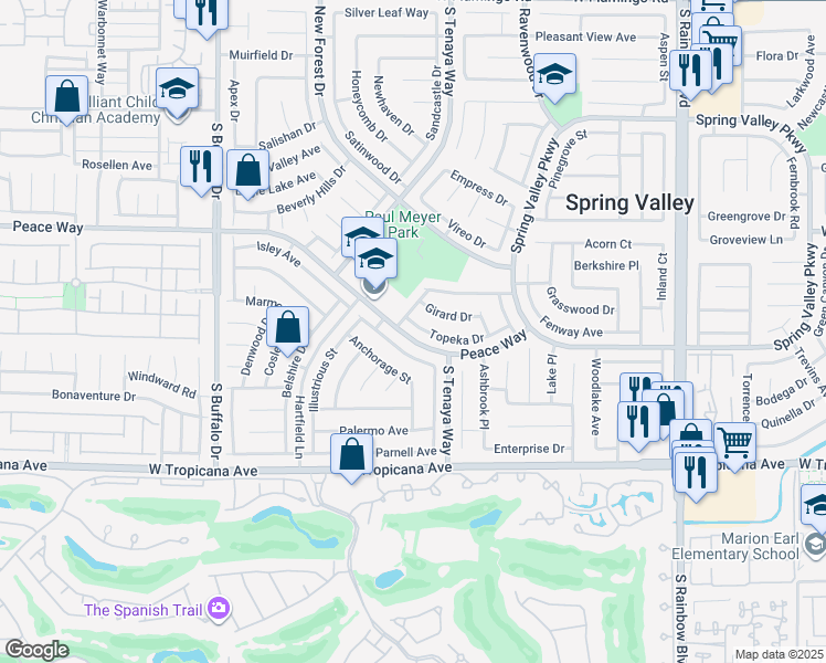 map of restaurants, bars, coffee shops, grocery stores, and more near 7399 Topeka Drive in Las Vegas