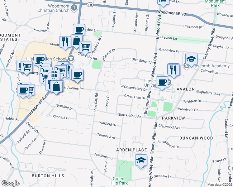 map of restaurants, bars, coffee shops, grocery stores, and more near 1724B Green Hills Drive in Nashville