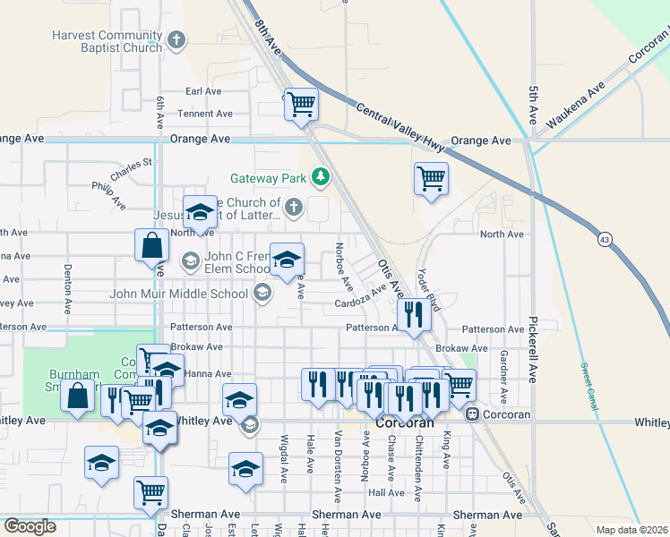 map of restaurants, bars, coffee shops, grocery stores, and more near 628 Norboe Avenue in Corcoran