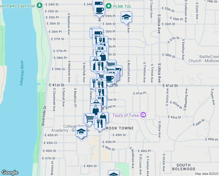map of restaurants, bars, coffee shops, grocery stores, and more near 1331 East 41st Place in Tulsa
