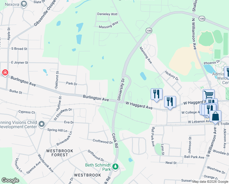 map of restaurants, bars, coffee shops, grocery stores, and more near 812 West Haggard Avenue in Elon