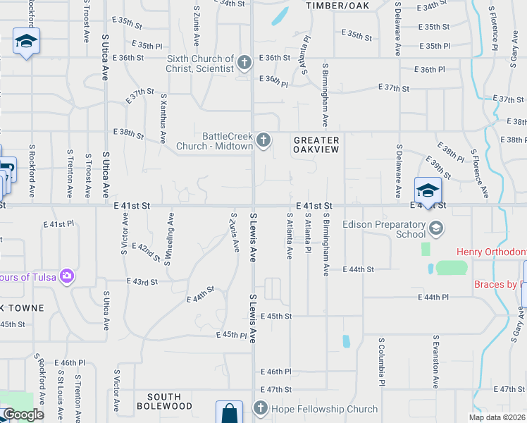 map of restaurants, bars, coffee shops, grocery stores, and more near 4115 South Lewis Avenue in Tulsa