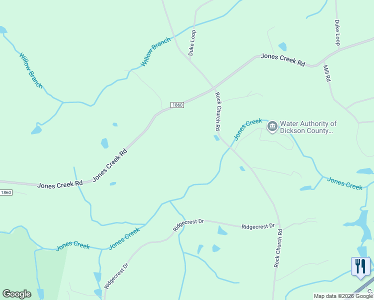map of restaurants, bars, coffee shops, grocery stores, and more near 1494 Jones Creek Road in Dickson