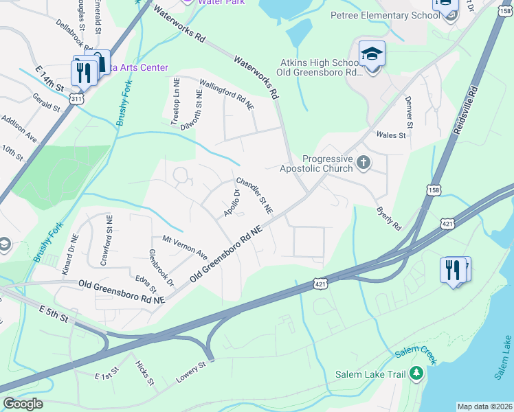 map of restaurants, bars, coffee shops, grocery stores, and more near 505 Lunar Court in Winston-Salem
