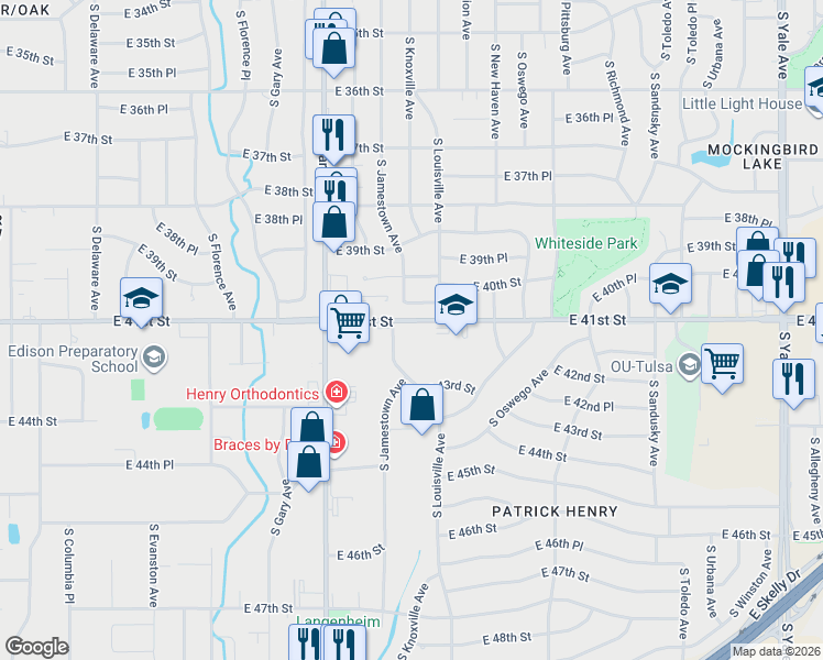 map of restaurants, bars, coffee shops, grocery stores, and more near 4123 South Jamestown Avenue in Tulsa